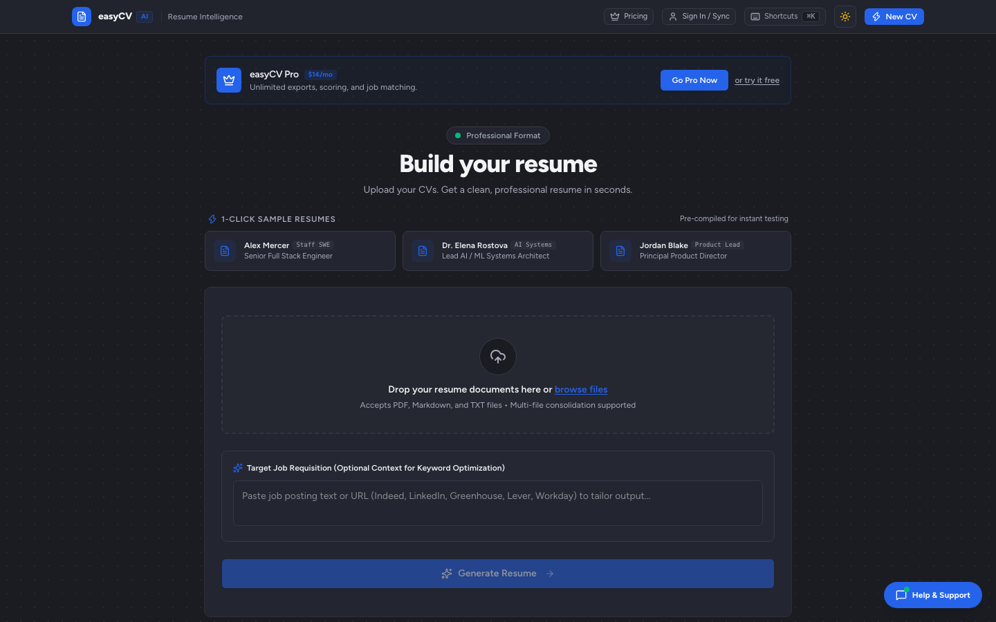 easyCV page headed "Build your resume", with sample resumes, a drop zone for resume files and a box for a target job posting.