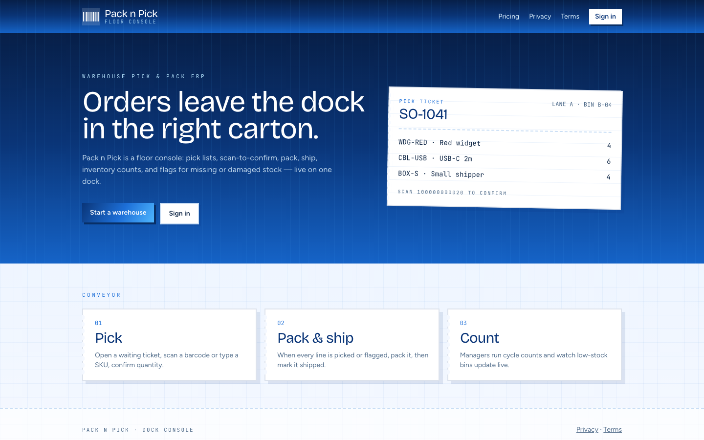 Pack n Pick home page with the headline "Orders leave the dock in the right carton", a sample pick ticket, and Pick, Pack and ship and Count steps.
