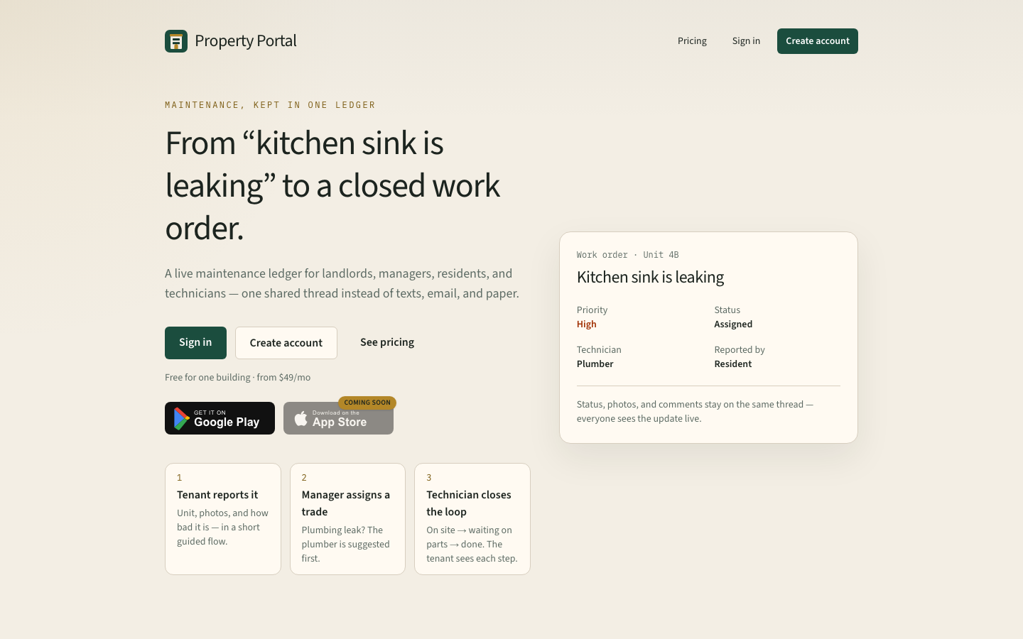 Property Portal home page with the headline "From 'kitchen sink is leaking' to a closed work order" and a sample work order card for Unit 4B.