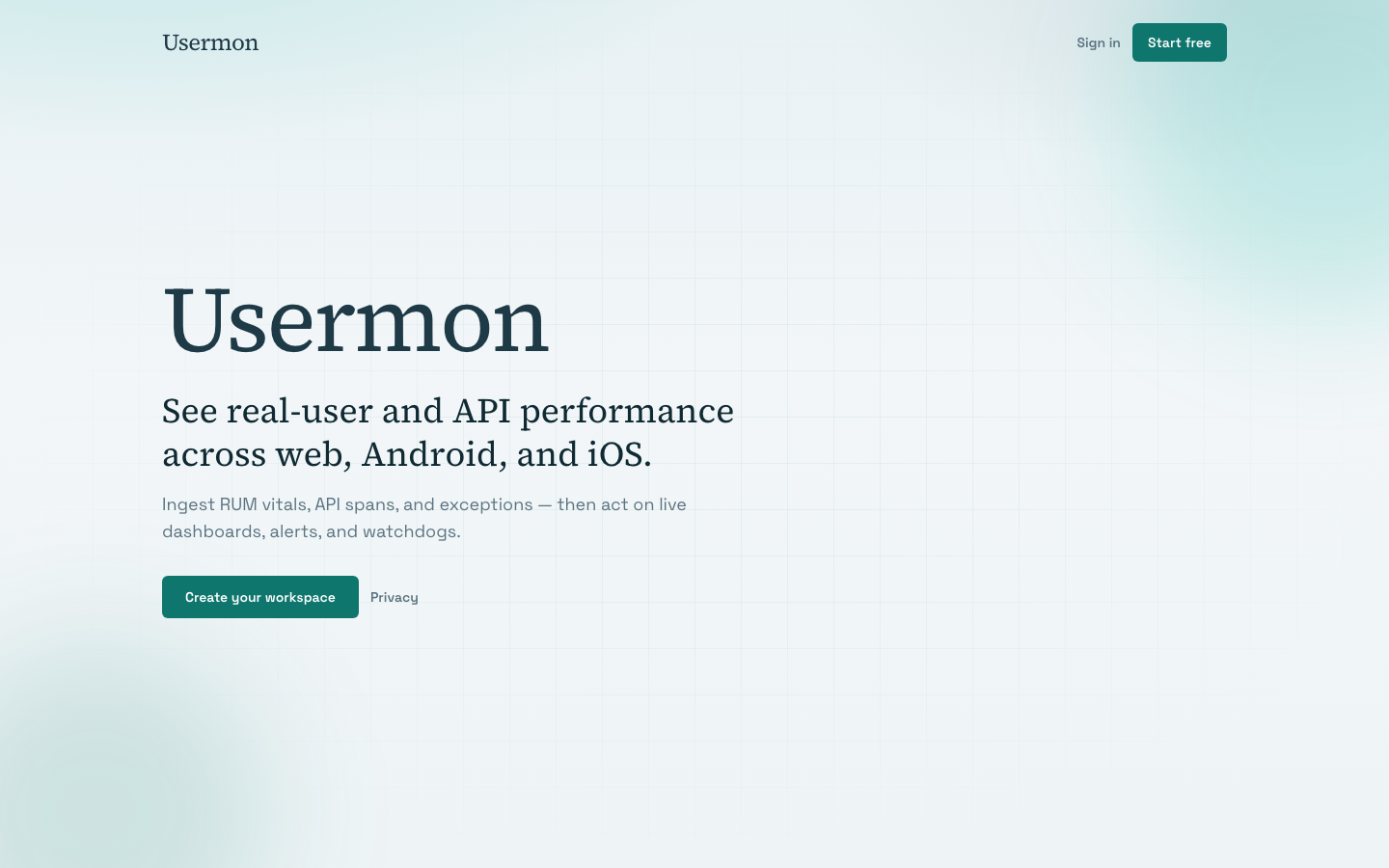 Usermon home page with the heading "See real-user and API performance across web, Android, and iOS" and a Create your workspace button.